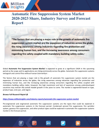 Automatic Fire Suppression System Market 2020-2023 Share, Industry Survey and Forecast Report