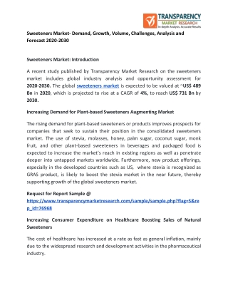 Sweeteners Market- Demand, Growth, Volume, Challenges, Analysis and Forecast 2020-2030