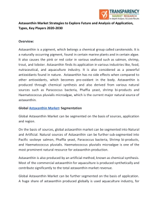 Astaxanthin Market Strategies to Explore Future and Analysis of Application, Types, Key Players 2020-2030