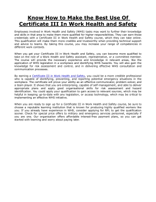 Know How to Make the Best Use Of Certificate III In Work Health and Safety