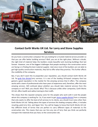 Contact Earth Works UK Ltd. for Lorry and Stone Supplies Services