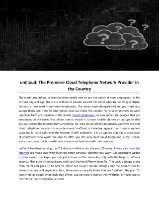 onCloud: The Premiere Cloud Telephone Network Provider in the Country