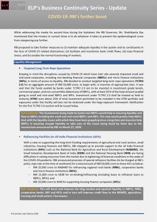 ELP’s Business Continuity Series - Update COVID-19: RBI’s further boost