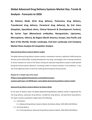 Global Advanced Drug Delivery Systems Market Size, Trends & Analysis - Forecasts to 2026