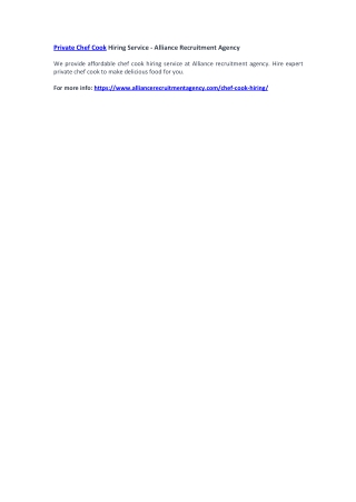 Private Chef Cook Hiring Service - Alliance Recruitment Agency