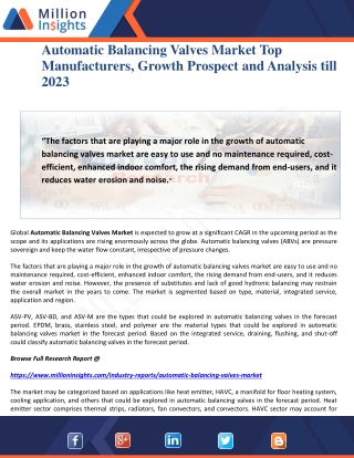 Automatic Balancing Valves Market Top Manufacturers, Growth Prospect and Analysis till 2023