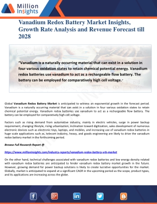 Vanadium Redox Battery Market Insights, Growth Rate Analysis and Revenue Forecast till 2028