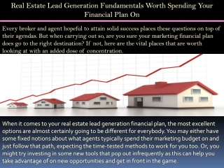 Real Estate Lead Generation Fundamentals Worth Spending Your Financial Plan On