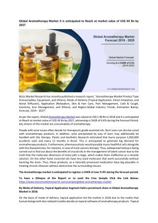 Global Aromatherapy Market it is anticipated to Reach at market value of US$ XX Bn by 2027