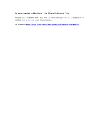 Personal Cook Wanted For Home - Hire Affordable Personal Cook
