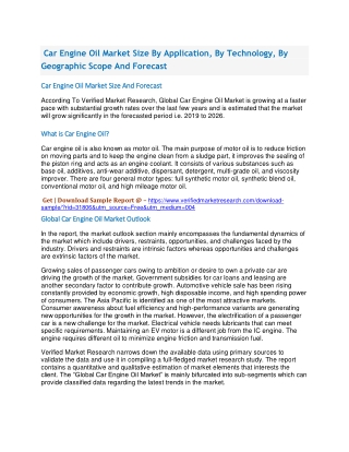 Car Engine Oil Market Size By Application, By Technology, By Geographic Scope And Forecast