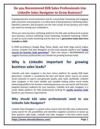 Do you recommend B2B sales professional use LinkedIn Sales Navigator to grow business sales leads