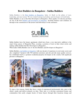 Best Builders in Bangalore - Subha Builders
