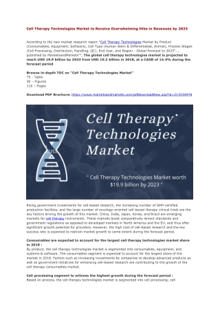 Cell Therapy Technologies Market to Receive Overwhelming Hike in Revenues by 2023