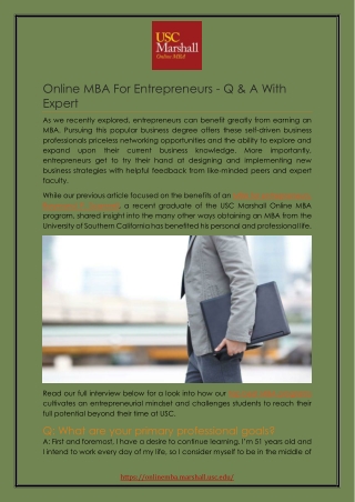 Online MBA For Entrepreneurs - Q & A With Expert