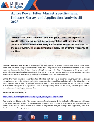 Active Power Filter Market Specifications, Industry Survey and Application Analysis till 2023