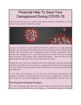 Financial Help To Save Your Campground During COVID-19