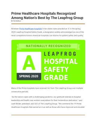 Prime Healthcare Hospitals Recognized Among Nation's Best by The Leapfrog Group