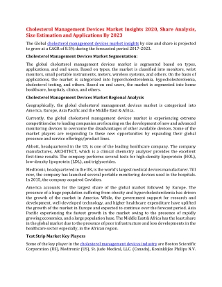 Cholesterol Management Devices Market Insights 2020, Share Analysis, Size Estimation and Applications By 2023