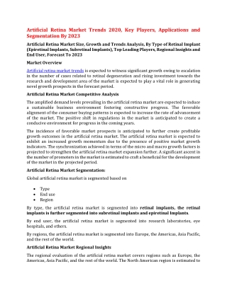 Artificial Retina Market Trends 2020, Key Players, Applications and Segmentation By 2023