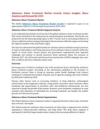 Substance Abuse Treatment Market Growth, Future Insights, Share Analysis and Demand By 2023