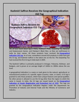 Kashmiri Saffron Receives the Geographical Indication (GI) Tag