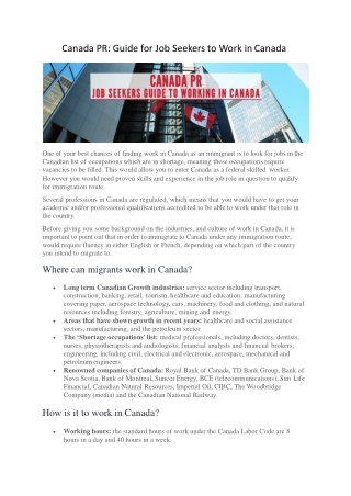 Canada PR: Guide for Job Seekers to Work in Canada