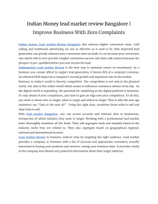 Indian Money lead market review Bangalore | Improve Business With Zero Complaints