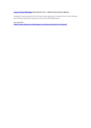 Locum Tenens Physician Recruitment Firm - Alliance Recruitment Agency