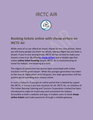 Booking tickets online with cheap airfare on IRCTC Air