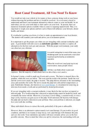 Root Canal Treatment, All You Need To Know