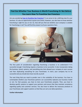 Find Out Whether Your Business Is Worth Franchising Or Not Before You Learn How To Franchise San Francisco