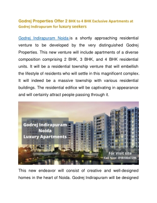 Godrej Properties Offer 2 BHK to 4 BHK Exclusive Apartments at Godrej Indirapuram for luxury seekers