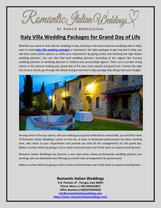 Italy Villa Wedding Packages for Grand Day of Life