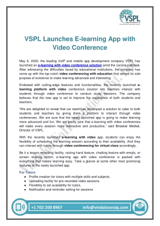 VSPL Launches E-learning App with Video Conference