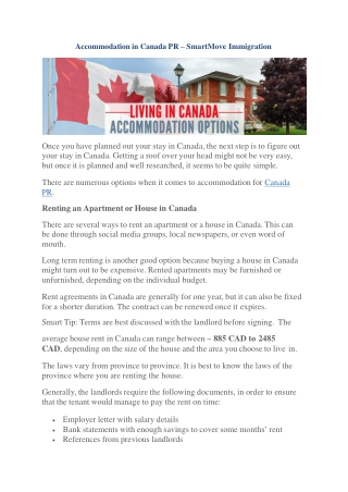 Accommodation in Canada PR – SmartMove Immigration