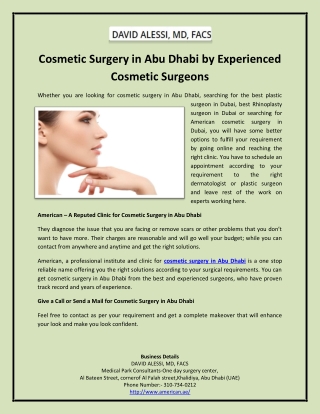 Cosmetic Surgery in Abu Dhabi by Experienced Cosmetic Surgeons