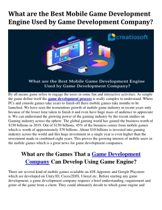 What are the Best Mobile Game Development Engine Used by Game Development Company?