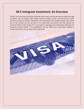 EB 5 Immigrant Investment: An Overview