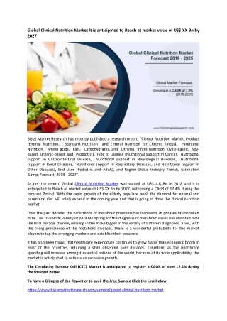 Global Clinical Nutrition Market it is anticipated to Reach at market value of US$ XX Bn by 2027