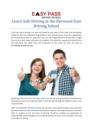 Learn Safe Driving at the Burwood East Driving School