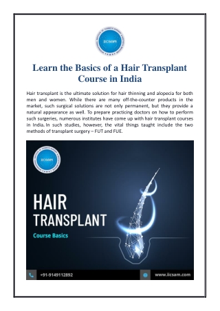 Learn the Basics of a Hair Transplant Course in India