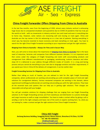 China Freight Forwarder Offers Shipping From China to Australia