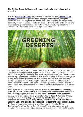 Trillion Trees Initiative will improve climate and reduce global warming