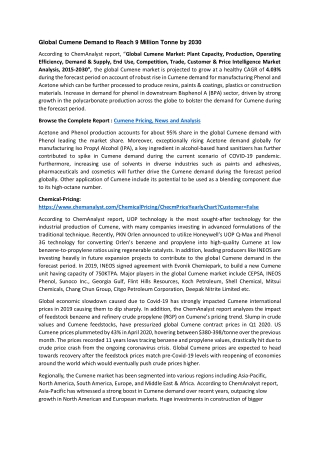 Cumene Market Price, News and Analysis 2030