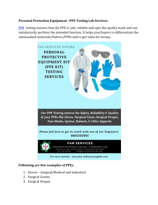 Personal Protection Equipment –PPE Testing Lab Services