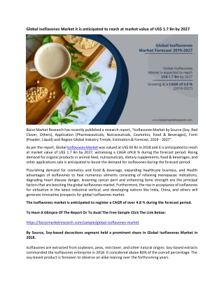Global Isoflavones Market it is anticipated to reach at market value of US$ 1.7 Bn by 2027