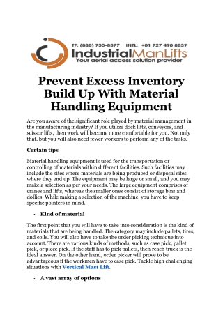 Prevent Excess Inventory Build Up With Material Handling Equipment