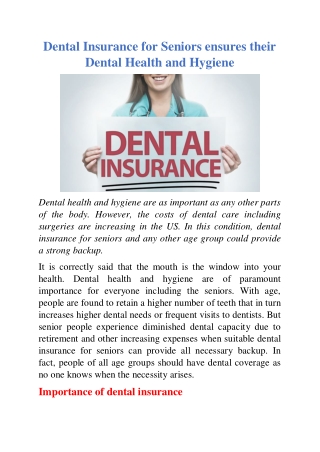 Dental Insurance for Seniors ensures their Dental Health and Hygiene