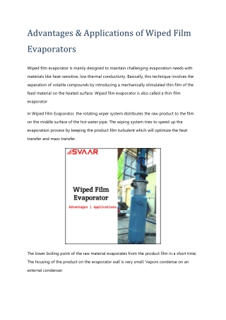 Advantages & Applications of Wiped Film Evaporators